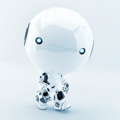 Wall Mural - Cute white little character with illuminated blue eyes. Robotic toddler, 3d rendering in action walking pose, upper view