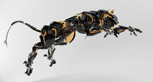 Futuristic Hunting Panther Unit. Jumping Black-orange Cyber Cat 3d Rendering