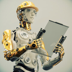 Futuristic Engineer in yellow hardhat holding tablet.  Robotic expert in glasses with scifi tablet. 3d rendering in profile