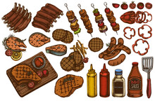Vector Set Of Hand Drawn Colored Spatula, Pork Ribs, Kebab, Sausages, Steak, Sauce Bottles, Grilled Burger Patties, Grilled Tomato, Grilled Salmon Steak, Grilled Bell Pepper