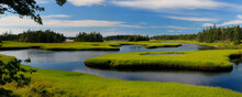 Panorama Of Tide Pool Water With Salt Marsh Cordgrass On Cape Sable Island Nova Scotia