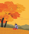 Autumn mountains hiking flat color vector poster