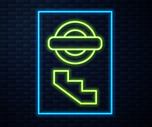 Glowing Neon Line London Underground Icon Isolated On Brick Wall Background. Vector.