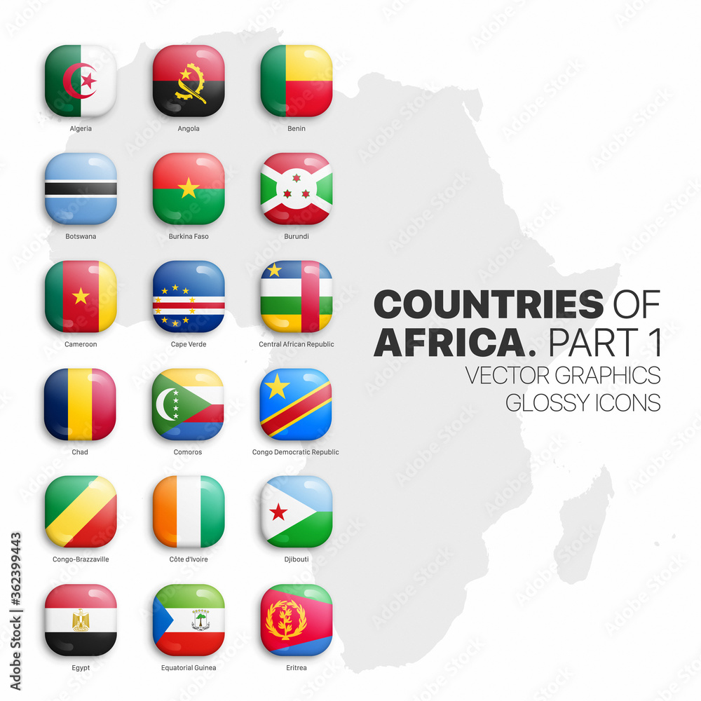 African Countries Flags Vector 3D Glossy Icons Set Isolated On White ...