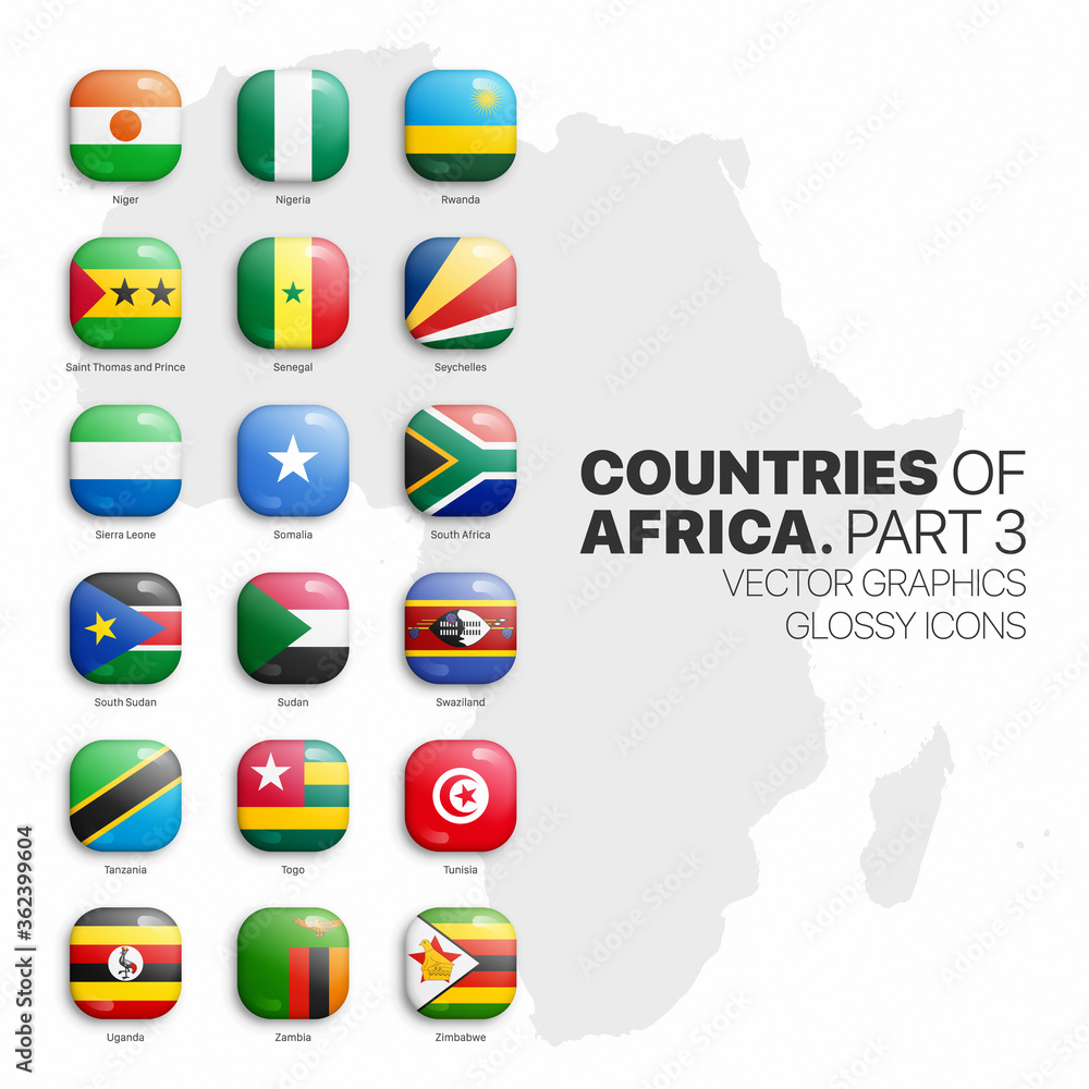 African Countries Flags Vector 3D Glossy Icons Set Isolated On White ...