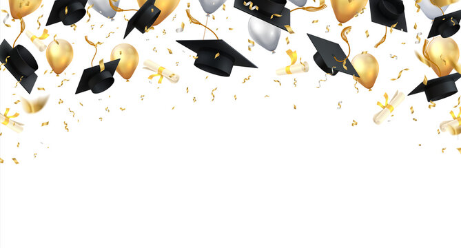 Wall Mural - Graduation. Transparent background with realistic flying black degree caps confetti balloons and diplomas. Vector image school and university education banner with gold glitter on white background