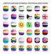© yamonstro - LGBTQ Pride Flags And Symbols 3D Vector Glossy Icons Set Isolated On White Background. Rainbow LGBT Community Design Elements Convex Buttons Collection On Light Backdrop