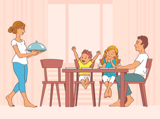 Family dinner at home table. Mother carries a cooked dish. Father, son and daughter are looking forward, very hungry. Vector illustration.