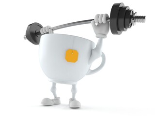 Canvas Print - Tea cup character lifting heavy barbell