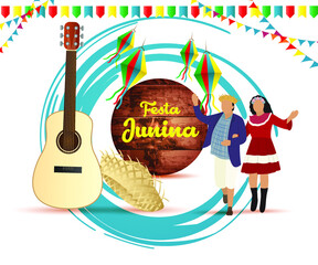 vector illustration foe Festa Junina, Brazil june festival  with party flags on wooden texture background-paper cut effect 