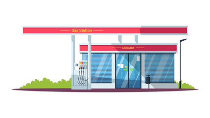 Poster - Gas filling station with mini mart semi flat RGB color vector illustration. Diesel, gasoline, gas fuel. Self servicing. Convenience store. Isolated cartoon objects on white background