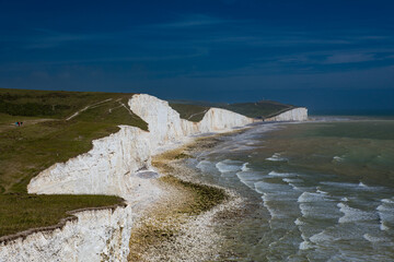 Severn Sisters white cliffs over the ocean, Cuckmere, in the South Downs National Park, East Sussex, UK