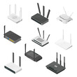 © makstorm - Isometric set of routers. Isometric realistic vector icons isolated on white background.