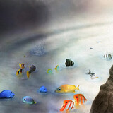 Kolorowa ilustracja z barwnymi rybkami na powierzchni wody