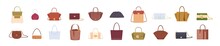 Set Of Colorful Stylish Cartoon Women Bags Isolated On White Background. Collection Of Luxury Modern Leather Accessory, Cross Body, Purses, Clutches, Tote, Hobo, Handbag Flat Vector Illustration
