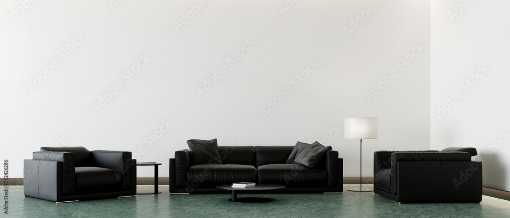 modern black leather sofa, armchairs, lamp and coffee table in front of the empty white mockup wall, 3D background illustration concept - obrazy, fototapety, plakaty 