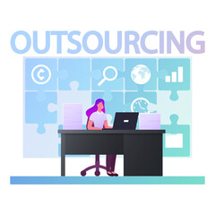 Wall Mural - Outsourcing Concept. Business Woman Character Working in Office Sitting at Desk with Laptop at Huge Puzzle Hang on Wall. Company Use Professional Outsourced Employees. Cartoon Vector Illustration