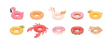 Set Of Rubber Colorful Inflatable Stylish Modern Swimming Ring For Children And Adults. Pink Flamingo, Bite Donut, Rainbow Unicorn, Crab Inner Tube In Cartoon Vector Illustration On White Background