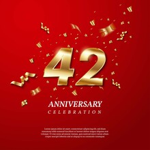 42th Anniversary Celebration. Golden Number 42 With Sparkling Confetti, Stars, Glitters And Streamer Ribbons On Red Background. Vector Festive Illustration. Birthday Or Wedding Party Event Decoration