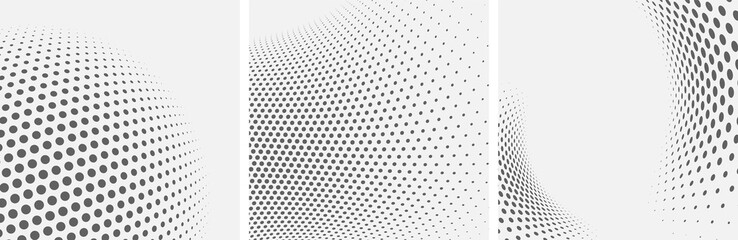 Set of dotted abstract forms. Grunge halftone vector background in black and white colors. Distressed overlay texture. Abstract pattern with circles, waves and swirls. Dot texture.