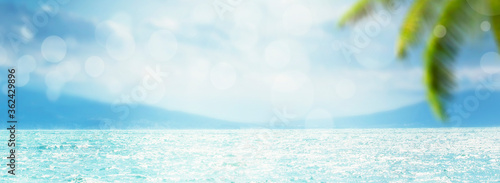 Cuadros en Lienzo Blurred summer natural marine tropical blue background with palm leaves and sunbeams of light