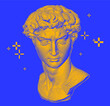 Pixel art 3D rendering of Michelangelo's David head. Retrofuturistic vector illustration in vaporwave and retrowave 80's aesthetics style.