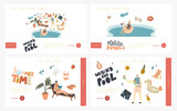 Fototapeta Pokój dzieciecy - Pool Party Relax, Swim and Drink Summer Activity Landing Page Template Set. Characters in Swimming Pool Drinking Cocktails, Reading Book and Floating Inflatable Ring. Linear People Vector Illustration
