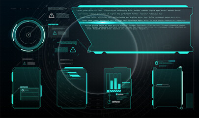 Wall Mural - Set with call outs communication. Abstract control panel layout design. Virtual hi Scifi technology gadget interface for game app HUD, UI, GUI futuristic frame user interface screen elements set.