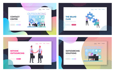 Wall Mural - Outsourcing Landing Page Template Set. Businesspeople Working at Huge Puzzle Put Pieces in empty Holes. Business Men Characters Shaking Hands. Outsourced Employees. Cartoon People Vector Illustration