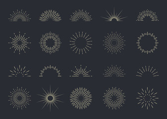 burst of sun. starburst with light ray. sunburst with shine lines, sunshine. hipster logo. set of re