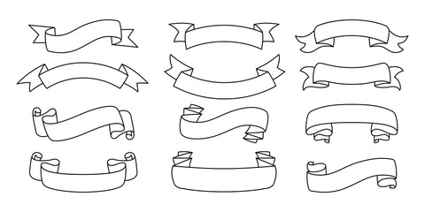 Wall Mural - ribbon outline hand drawn set. tape blank flat collection, decorative icons. vintage line design, ri