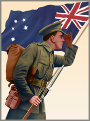 Wall Mural - Australian World War One vintage style recruitment poster.  Digital illustration with Anzac Soldier at Gallipoli in Turkey.