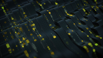 Yellow HEX computer code on curved screen 3D render