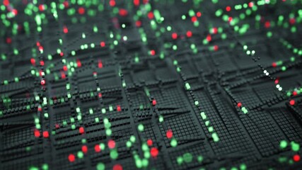 matrix of green and red glowing cubes. futuristic technology or science fiction concept. seamless lo