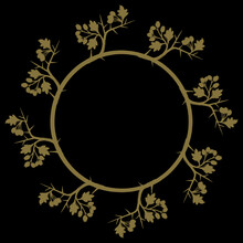 Round Floral Frame. Wreath Of Hawthorn Branches. Golden Silhouette On Black Background.