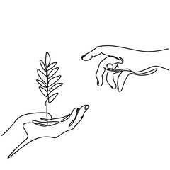 Wall Mural - one line drawing of sprout in hand. seedlings grow in the hands of trees. environment earth day sing