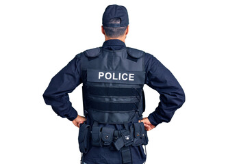 Canvas Print - Young hispanic man wearing police uniform standing backwards looking away with arms on body