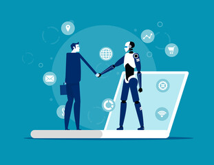 Wall Mural - Human interactive tech interaction. Artificial intelligence technology concept. Flat cartoon style design