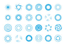 Spiral Circles Abstract Set. Round Blue Swirls In Form Rotational Whirlpool Star Burst Lines Effect Motion Subspace Portals Symbols Illustration Ancient Runic Solstice. Vector Abstract Symbolism.