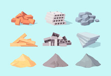 Material Building Set. Piles Large Gray Cement Facing Stone Drywall Packaging Yellow Sand Concrete Blocks Pile Red Brick Curly Cinder Block Processed Wooden Boards. Vector Architectural Cartoon.