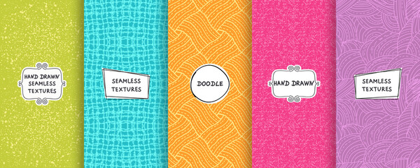 Fototapete - Set of seamless hand drawn texture designs for backgrounds, business cards, web design. Doodle pattern with trendy modern labels on bright background. vector illustration