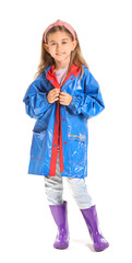 Wall Mural - Cute little girl in raincoat on white background