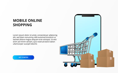 Wall Mural - online shopping concept with smartphone with trolley cart and cardboard package.