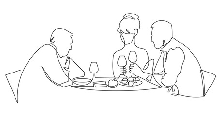 Wall Mural - Birthday party continuous one line vector drawing. Woman and guests sitting at table drink wine, toast.