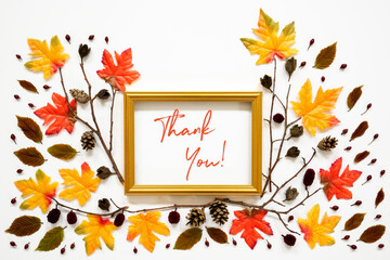 Wall Mural - golden frame with english text thank you. beautiful, colorful autumn leaf decoration with maple and 