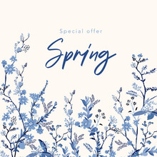 Spring Banner Background With Beautiful Hand Drawn Monotone Blue Florals Vector Illustration  EPS10 Design For Banners,card, Invitations, Cover
