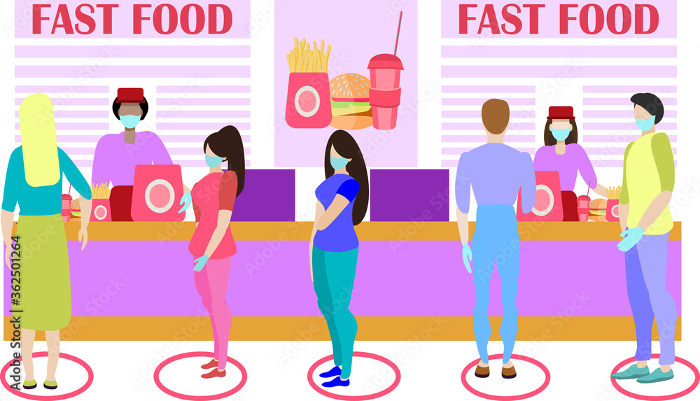 Snacks Queue Line Design Interior of a fast food restaurant. Queue at the checkout. Сoncept of ...