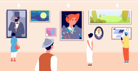 Art gallery. Artistic museum painting exhibition tour. Artist paintings, canvas image and visitors. Woman and exposition vector illustration. Gallery museum exhibition, painting by artist