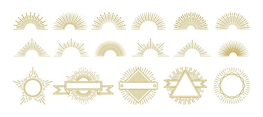 Wall Mural - Vintage gold sunburst. Circle lines decorations, sunrise graphic elements. Hipster sunburst icons. Isolated retro badges with radiant star rays vector set. Illustration sunburst and sunshine shape