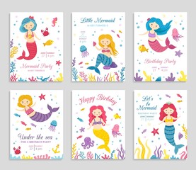 Canvas Print - Mermaid invite cards. Birthday poster, kids party invitation. Cute ocean princess and animals flyers. Amazing sea festive vector banners. Invitation typography birthday with underwater illustration